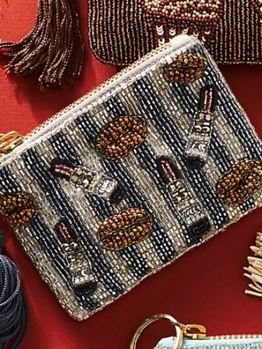 NWOT Anthropologie Beaded Lipstick & Lips Stripe Pouch - Blue, White, Gold